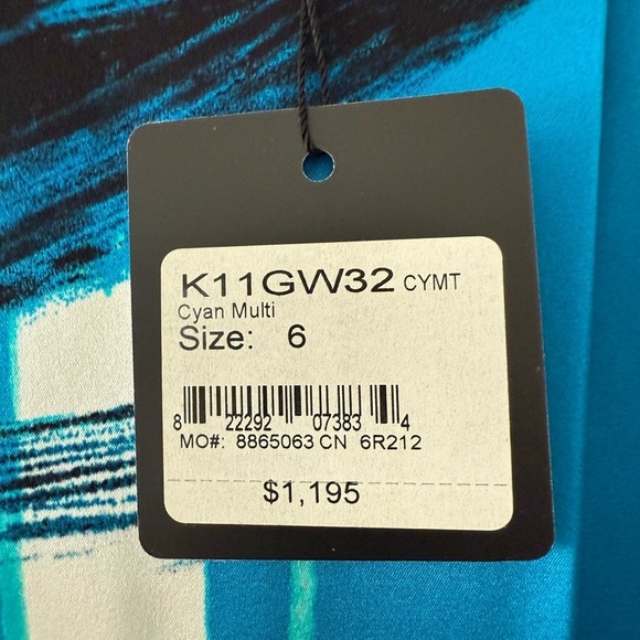 St. John Brushstroke Stretch Silk Charmeuse Draped Dress Cyan Multi 6 Bateau - Picture 3 of 4